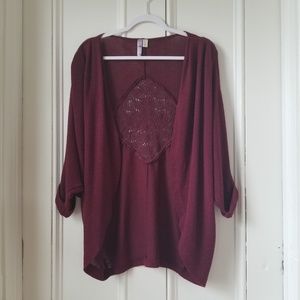 Maroon, Cozy Cardigan with Lace Detail